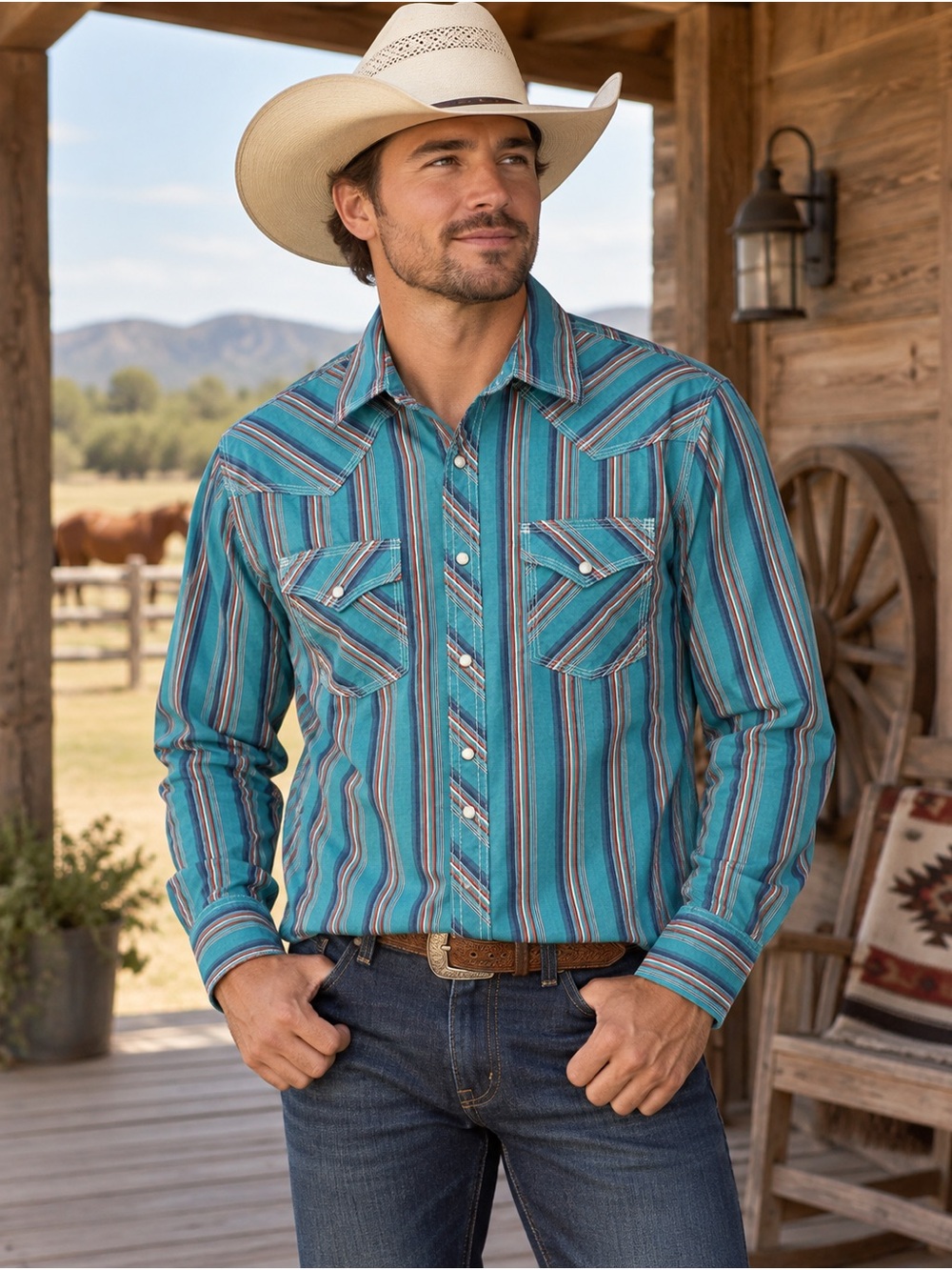 Wrangler 20X Competition Western Pearl Snap Striped Shirt Men’s M